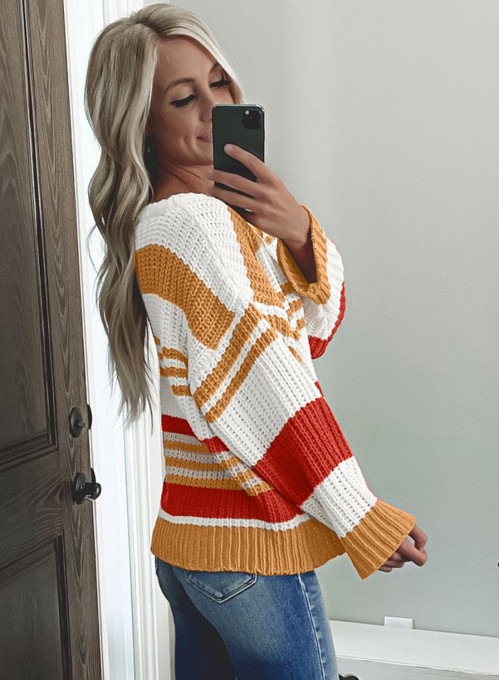 $ 24.5 - Orange Striped Pattern Knit Sweater - www.sidefeel.com