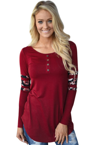 Red Floral Print Splice Sleeve Pullover Tunic