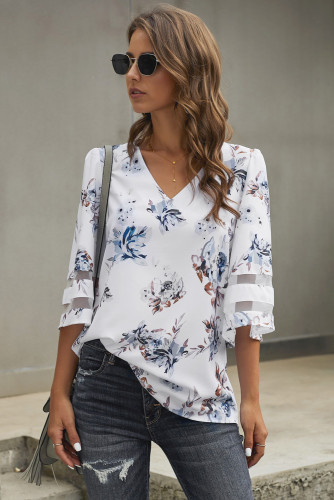 White 3/4 Flared Sleeve Floral Blouse