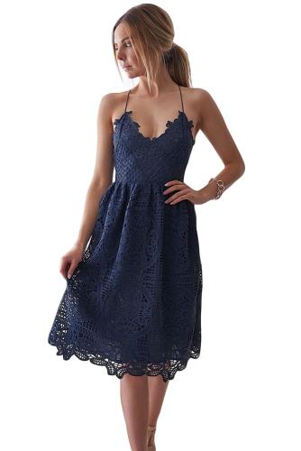 Blue Crochet Lace Midi Prom Dress