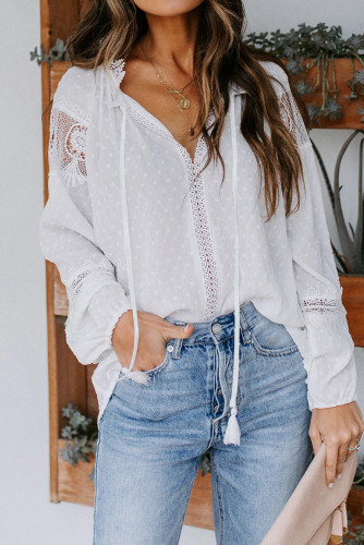 White V Neck Lantern Sleeve Lace Hollow Out Long Sleeve Top
