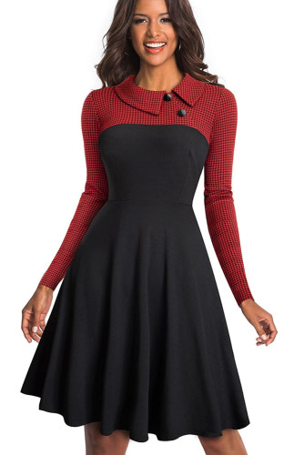 Red Vintage Turn-Down Collar Pinup Button A-Line Dress