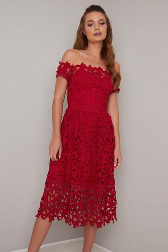 Red Off Shoulder Short Sleeve Crochet Prom Dress
