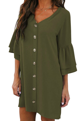 Green V Neck Buttoned Bell Sleeve Shift Shirt Dress