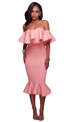 Pink Ruffle Off Shoulder Mermaid Midi Prom Dress