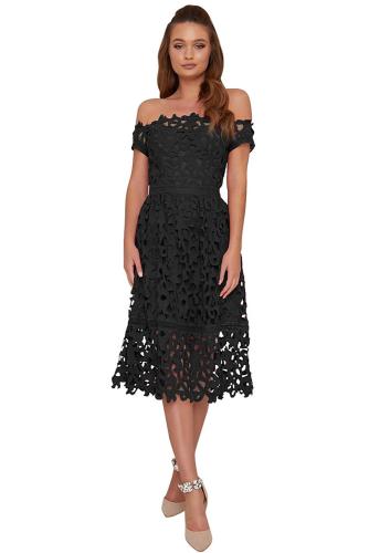 Black Off Shoulder Short Sleeve Crochet Prom Dress