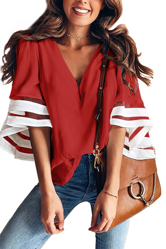 Red Contrast Color Flare Sleeve V Neck Loose Blouse
