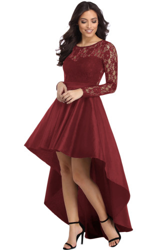 Burgundy Long Sleeve Lace High Low Satin Prom Dress