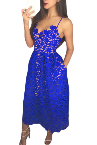 Royal Blue Lace Hollow Out Nude Illusion Prom Dress