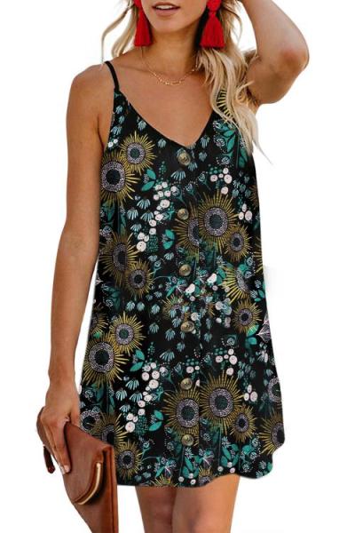 Black Floral Pattern Buttoned Slip Cami Dress
