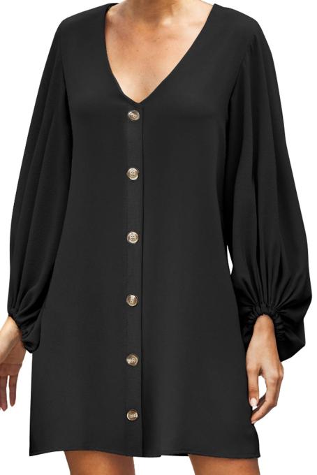 Black Buttoned-down V Neck Billowy Sleeve Shift Dress