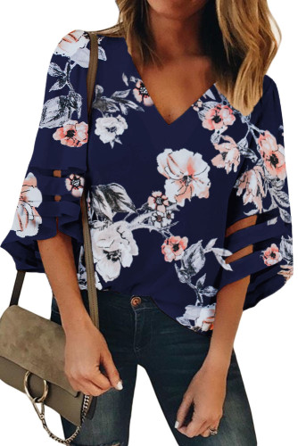 Blue 3/4 Flared Sleeve Floral Blouse