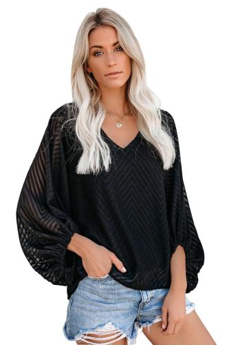 Black Balloon Sleeve Textured Blouse