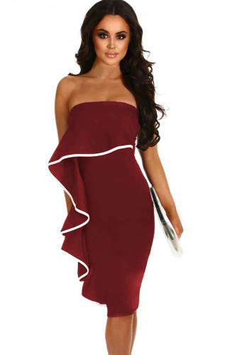 Wine Frill Strapless Midi Dress