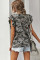 Gray Camouflage Print Ruffled Cap Sleeve T-shirt