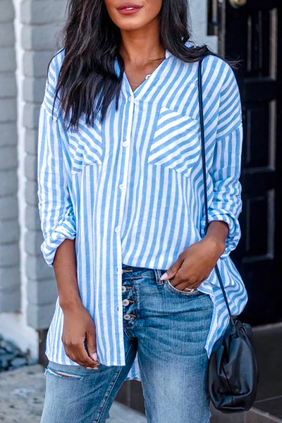 Sky Blue Stripe Linen Dropped Sleeve Button Down Blouse with Pocket