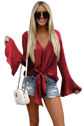 Red Bell Sleeves Tie Front V Neck Blouse