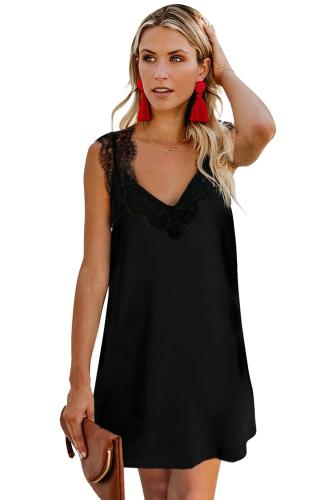 Black V Neck Lace Shoulder Sleeveless Mini Dress