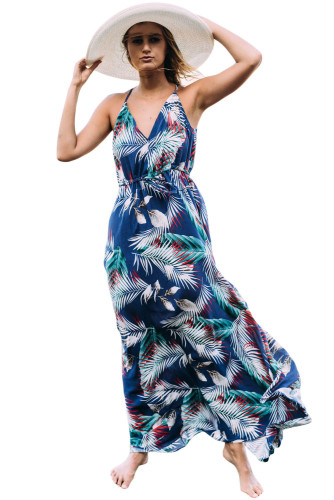 Blue Tropical Leaf Print Sexy V Neck Maxi Dress