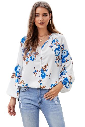 Blue Ballon Sleeve Floral Shirt Top