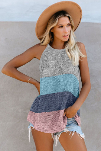 Gray Color Block Striped Knit Tank Top