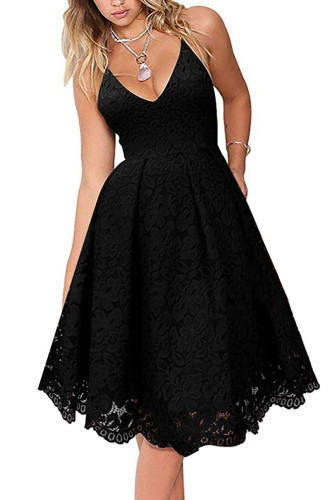 Black Lace Floral V Neck Backless Cocktail A-Line Dress