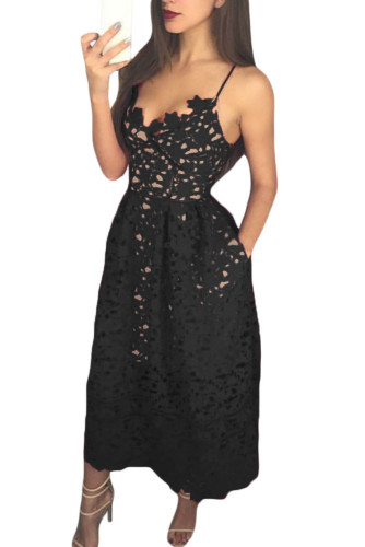 Black Lace Hollow Out Nude Illusion Prom Dress