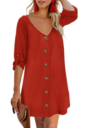 Red V Neck Button Front Roll up Tab Sleeve Dress