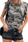 Gray Camouflage Print Ruffled Cap Sleeve T-shirt