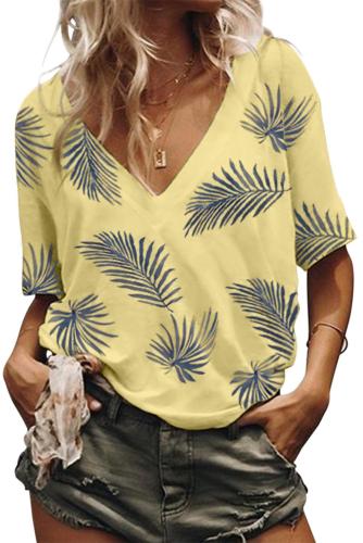Yellow Casual V Neck Plant Print Tee