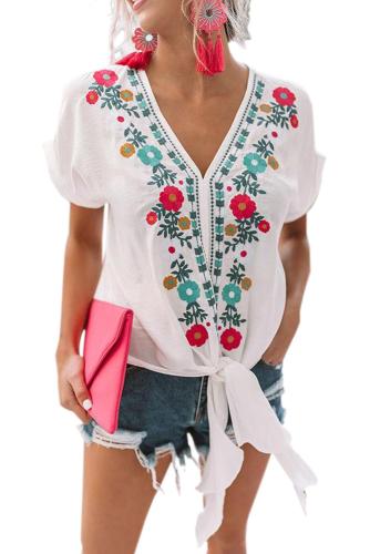 White Floral Printed Tie Top