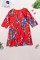 Orange V Neck 3/4 Roll Sleeve Button Down Floral Dress