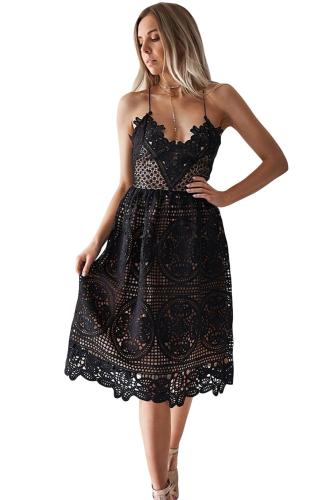 Black Crochet Lace Midi Prom Dress