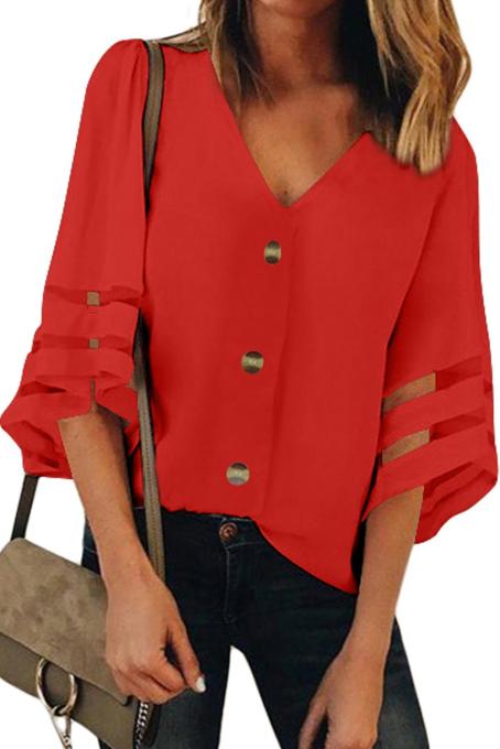 Red Flare Sleeve V Neck Button Down Blouse