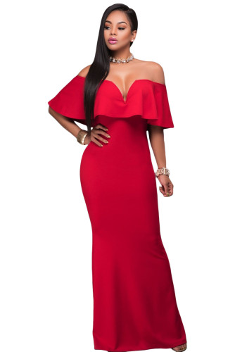 Red Ruffle Off Shoulder Maxi Cocktail Dress