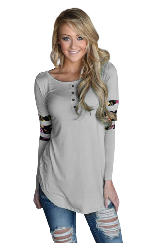 Gray Floral Print Splice Sleeve Pullover Tunic