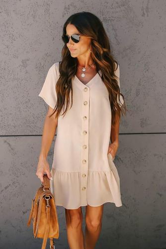 Beige Pocketed Button Down Ruffle Dress