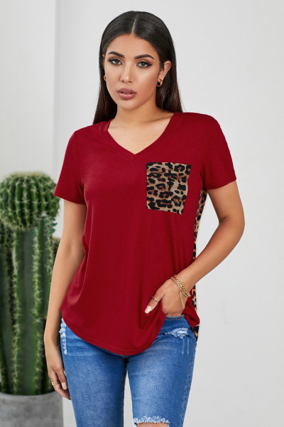 Red Leopard Printed Splicing T-Shirt