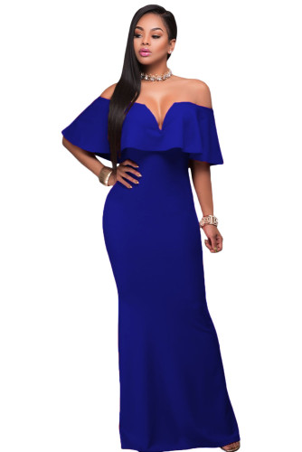 Royal Blue Ruffle Off Shoulder Maxi Prom Dress