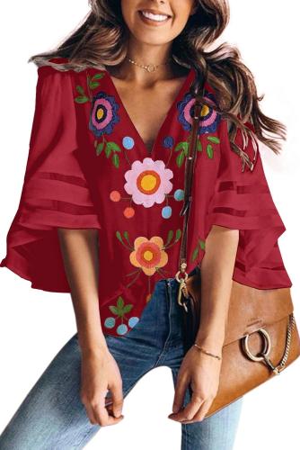 Red V Collar Floral Print Bell Sleeve T-shirt Blouse