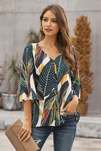 Green Tropical Leaf Print Button Up Blouse