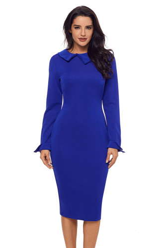 Blue Lapel Neck Bodycon Office Dress Pencil Dress