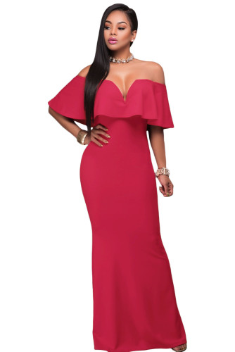 Rosy Ruffle Off Shoulder Maxi Prom Dress