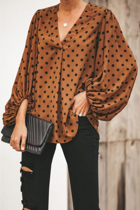 Brown Dot Boo Balloon Sleeve Blouse
