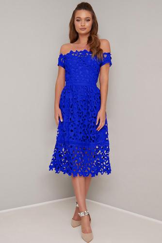 Blue Off Shoulder Short Sleeve Crochet Prom Dress