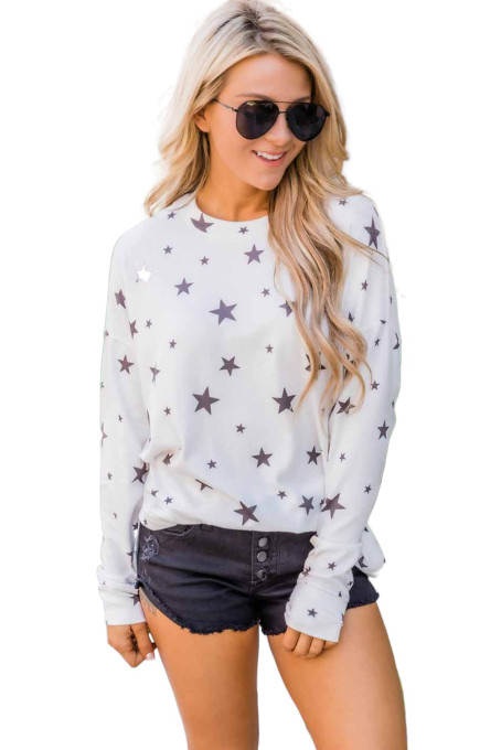 $ 14.95 - White Round Neck Long Sleeve Star Print Long Sleeve Top - www ...