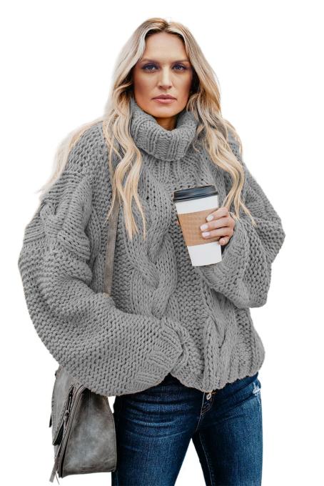 Gray Cuddle Weather Cable Knit Handmade Turtleneck Sweater