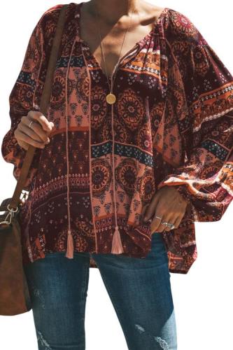 Red Floral Print Peasant Blouse
