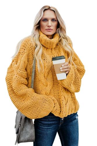 Yellow Cuddle Weather Cable Knit Handmade Turtleneck Sweater