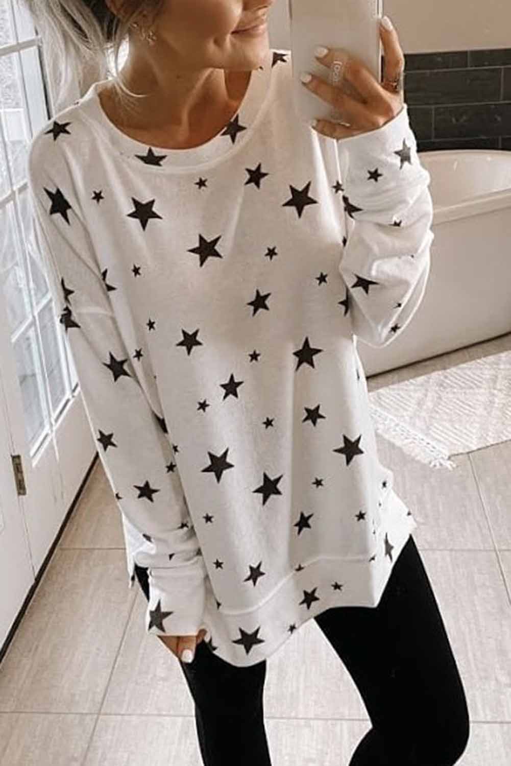  14.95 White Round Neck Long Sleeve Star Print Long Sleeve Top
